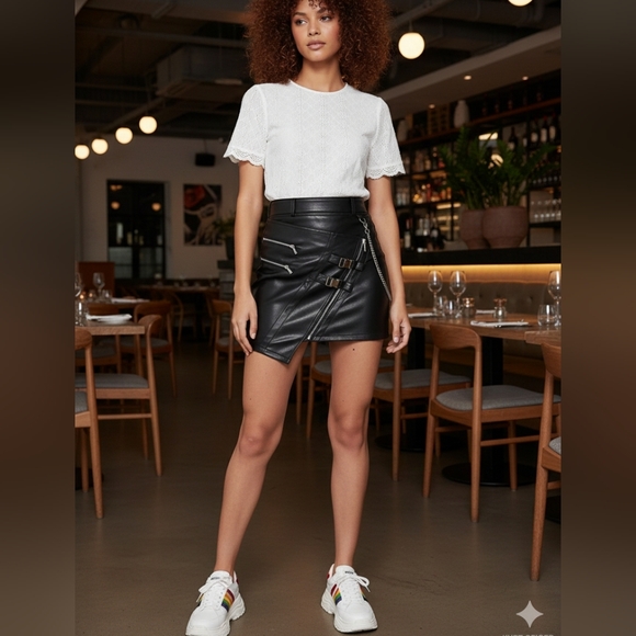 Maniere De Voir Black Leather Mini Skirt with Buckle and Chain - Picture 5 of 17